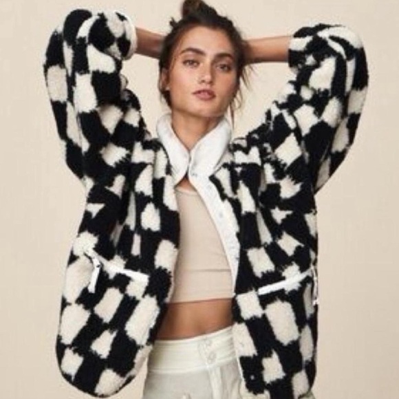 FREE PEOPLE FP MOVEMENT Hit The Slopes Printed Fleece Jacket Black White Checker - Picture 16 of 16